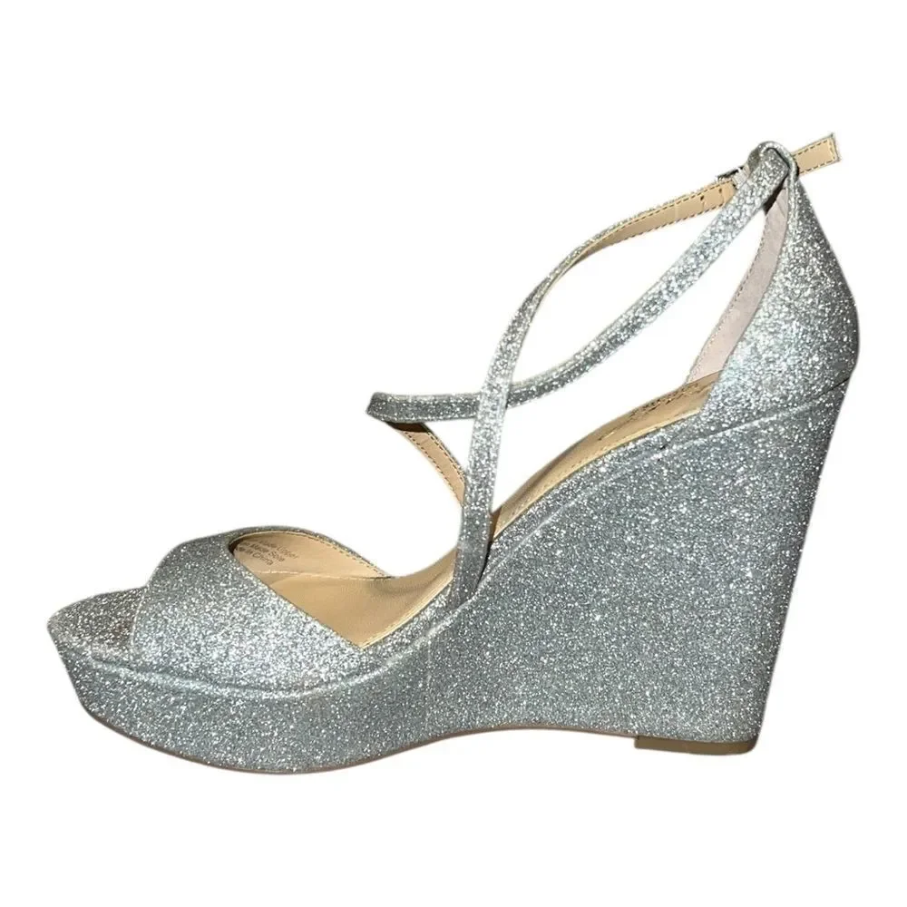 Jewel Badgley Mischka Averie Evening Sandal Heels Silver Glitter 8.5M New